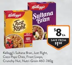 Foodworks Kellogg's Sultana Bran, Just Right, Coco Pops Chex, Froot Loops, Crunchy Nut, Nutri-Grain offer