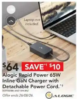 Harvey Norman Alogic Rapid Power 65W Inline GaN Charger with Detachable Power Cord offer