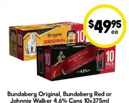 Drakes Bundaberg Original, Bundaberg Red or Johnnie Walker 4.6% Cans offer