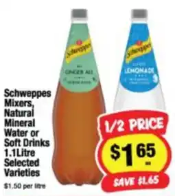CORNETTS Schweppes Mixers, Natural Mineral Water or Soft Drinks Selected Varieties offer