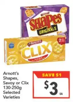Supa Valu Arnott's Shapes, Savoy or Clix offer