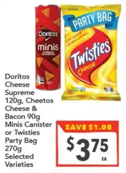 Supa Valu Doritos Cheese Supreme, Cheetos Cheese & Baco, Minis Canister or Twisties Party Bag offer