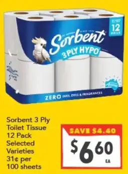 Supa Valu Sorbent 3 Ply Toilet Tissue offer