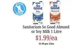 Farmer Jack's Sanitarium So Good Almond or Soy Milk offer