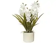 LivingStyles Artificial Cymbid Orchid in Stone Pot, Large, White Flower offer