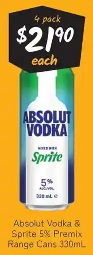 Cellarbrations Absolut Vodka & Sprite 5% Premix Range Cans offer
