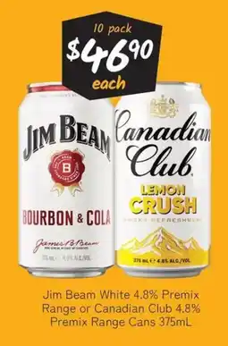 Cellarbrations Jim Beam White 4.8% Premix Range or Canadian Club 4.8% Premix Range Cans offer