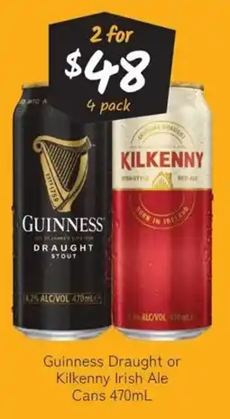 Cellarbrations Guinness Draught or Kilkenny Irish Ale Cans offer