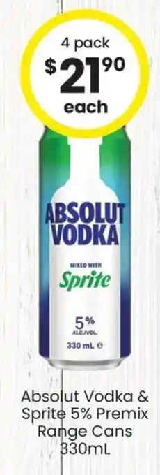 Absolut Vodka & Sprite 5% Premix Range Cans