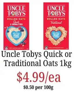 Farmer Jack's Uncle Tobys Quick or Traditional Oats offer