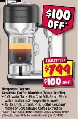 JB Hi-Fi Nespresso Vertuo Creatista Coffee Machine (Black Truffle) offer