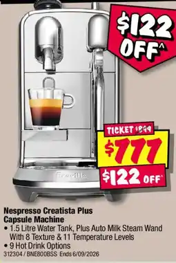 JB Hi-Fi Nespresso Creatista Plus Capsule Machine offer