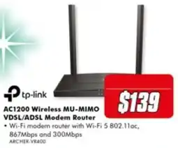 The Good Guys tp-link AC1200 Wireless MU-MIMO VDSL/ADSL Modem Router offer