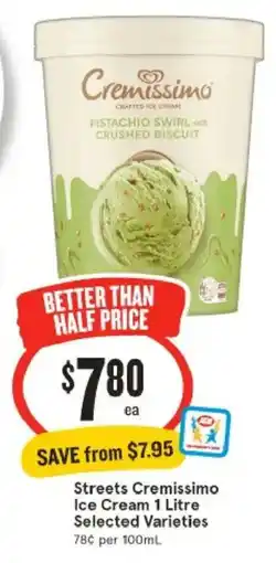 IGA Streets Cremissimo Ice Cream 1 Litre Selected Varieties offer
