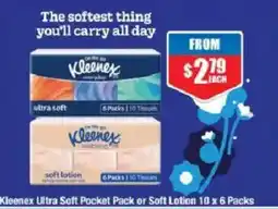 Chemist Warehouse Kleenex Ultra Soft Pocket Pack or Soft Lotion 10 x 6 Packs offer