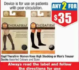 Chemist Warehouse Oap1 Therafirm Women Knee High Stocking or Men's Trouser Socks Assorted Colours and Sizes offer
