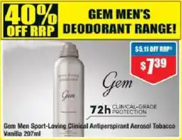 Chemist Warehouse Gem Men Sport-Loving Clinical Antiperspirant Aerosol Tobacco Vanilla offer