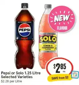 IGA Pepsi or Solo 1.25 Litre Selected Varieties offer