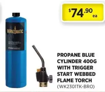 Bernzomatic Propane Blue Cylinder 400g with Trigger Start Webbed Flame Torch