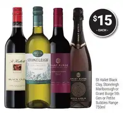 Super Cellars St Hallett Black Clay, Stoneleigh Marlborough or Grant Burge 5th Gen or Petite Bubbles Range offer