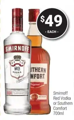 Super Cellars Smirnoff Red Vodka or Southern Comfort offer