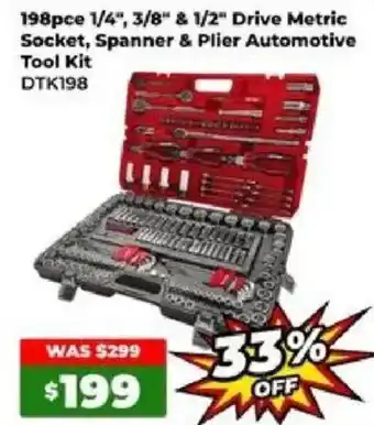 198pce 1/4", 3/8" & 1/2" Drive Metric Socket, Spanner & Plier Automotive Tool Kit DTK198