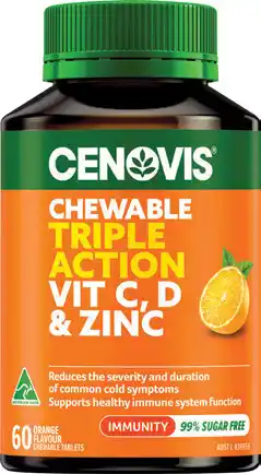 Amcal Pharmacies Cenovis Triple Action Vit C, D & Zinc 60 Chewable Tablets offer