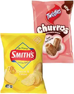 IGA Smith’s, Doritos Chips 150-170g or Twisties Cinnamon Sugar Churros 120g Selected Varieties offer