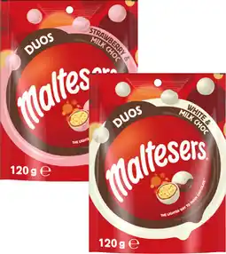IGA NEW Maltesers Duos Strawberry & Milk Choc or White & Milk Choc 120g offer