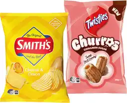 IGA Smithʼs Crinkle Cut, Doritos Corn Chips 150-170g or Twisties Cinnamon Sugar Churros 120g offer