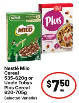IGA Nestlé Milo Cereal or Uncle Tobys Plus Cereal Selected Varieties offer