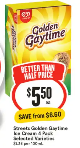 IGA Streets Golden Gaytime Ice Cream 4 Pack Selected Varieties offer