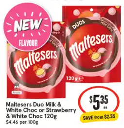 IGA Maltesers Duo Milk & White Choc or Strawberry & White Choc offer