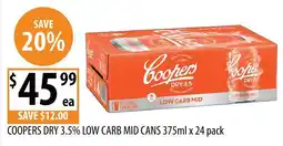 Supabarn Coopers Dry 3.5% Low Carb Mid Cans offer