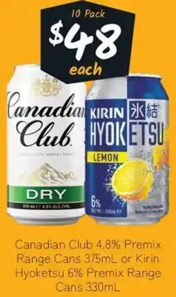 Cellarbrations Canadian Club 4.8% Premix Range Cans or Kirin Hyoketsu offer