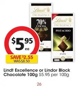 Coles Lindt Excellence or Lindor Block Chocolate offer