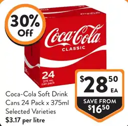 Foodworks Coca-Cola Soft Drink Cans 24 Pack x 375ml Selected Varieties offer