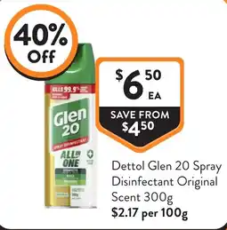 Foodworks Dettol Glen 20 Spray Disinfectant Original Scent offer