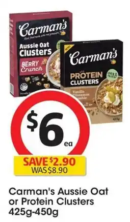 Coles Carman's Aussie Oat or Protein Clusters offer