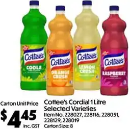 Campbells Wholesale Cottee's Cordial 1 Litre Selected Varieties offer
