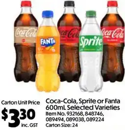 Campbells Wholesale Coca-Cola, Sprite or Fanta Selected Varieties offer