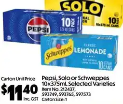 Campbells Wholesale Pepsi, Solo or Schweppes Selected Varieties offer