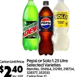 Campbells Wholesale Pepsi or Solo 1.25 Litre Selected Varieties offer