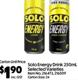 Campbells Wholesale Solo Energy Drink 250mL Selected Varieties offer