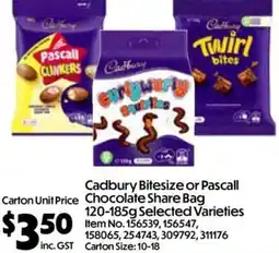 Campbells Wholesale Cadbury Bitesize or Pascall Chocolate Share Bag offer