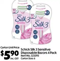 Campbells Wholesale Schick Silk 3 Sensitive Disposable Razors offer