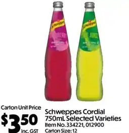 Campbells Wholesale Schweppes Cordial 750mL Selected Varieties offer