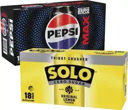 Coles Pepsi Max or Solo Zero Sugar Soft Drink 18x375mL offer