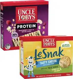 Coles Uncle Tobys Le Snak 132g or Protein Muesli Bars 175g offer