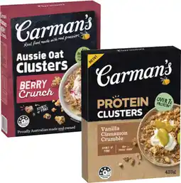 Coles Carman's Aussie Oat or Protein Clusters 425g-450g offer